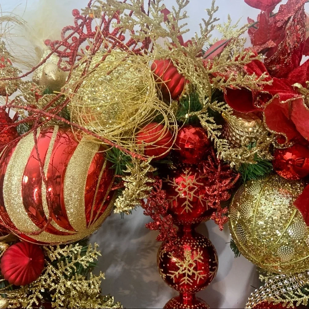 New Elegant Large Christmas Red Gold Sparkling Poinsettia Door Wall Wreath